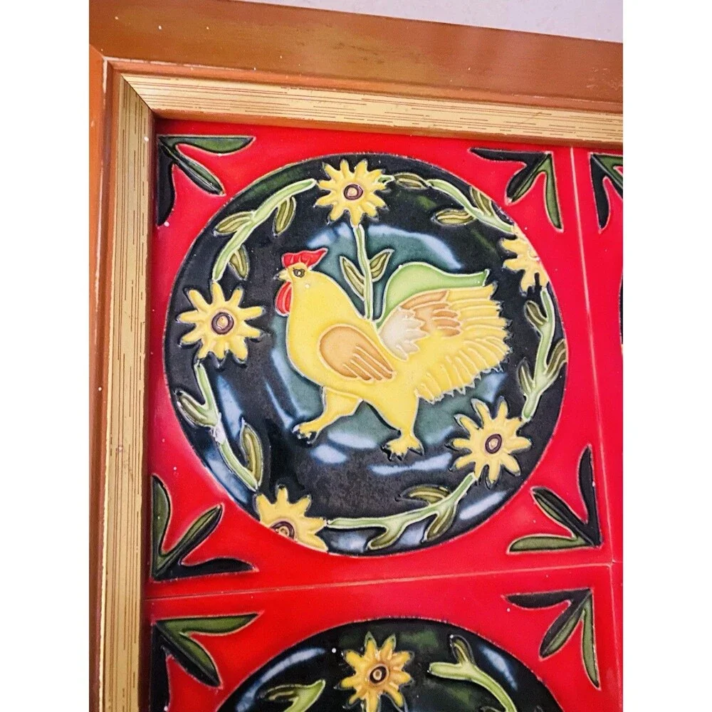 Vintage Rooster Tiles In Wood Frame 4 Ceramic Tiles Cottage Farm Americana Decor